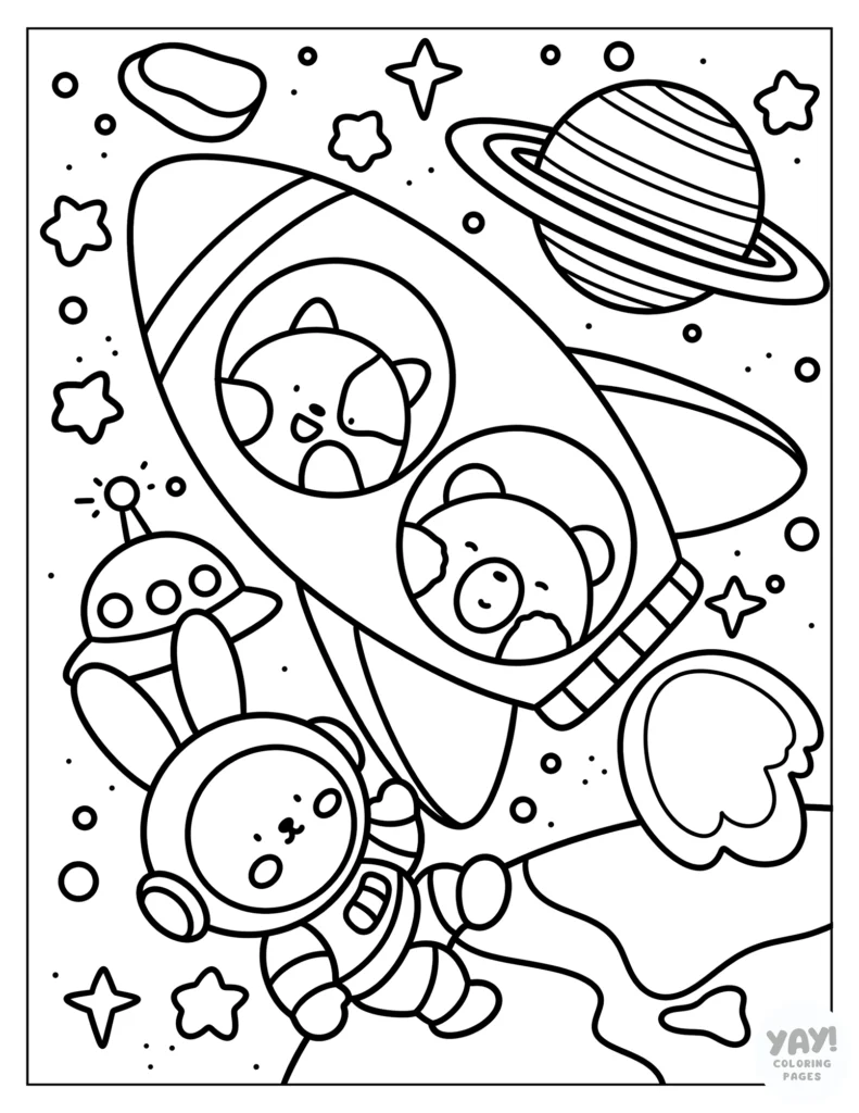 Cozy animals astronauts in space coloring page