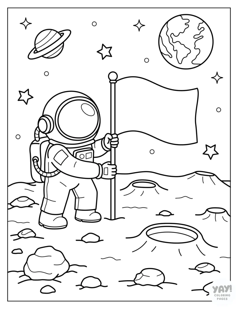 Astronaut plants flag on moon coloring page