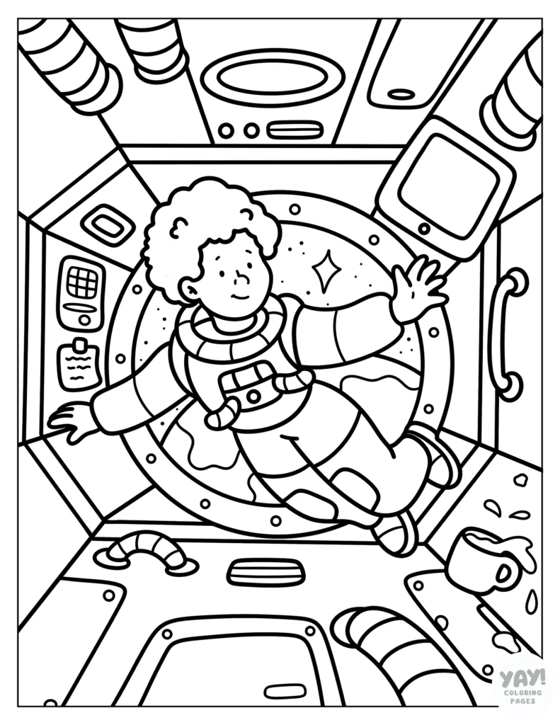 Black astronaut in space station coloring page