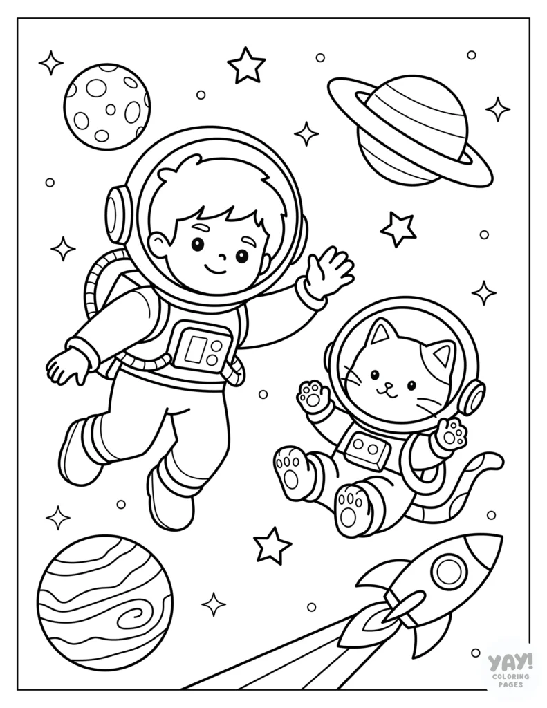 Kid and kitty in space coloring page