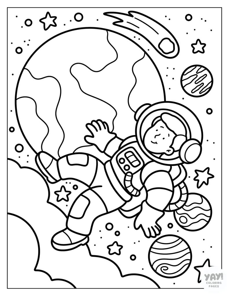 Astronaut floating in space coloring page