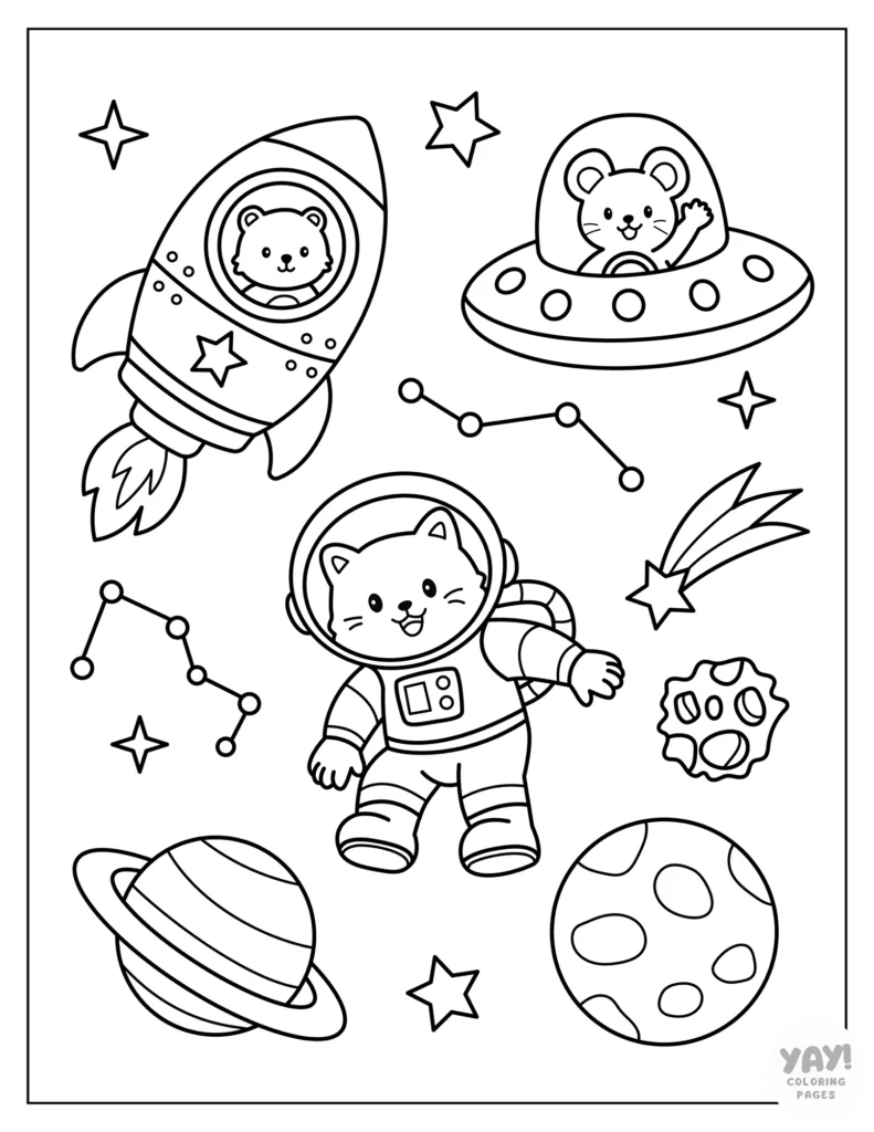 Cute animals in space coloring page