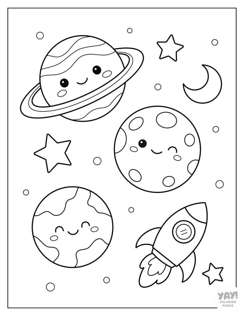 Kawaii planets coloring page
