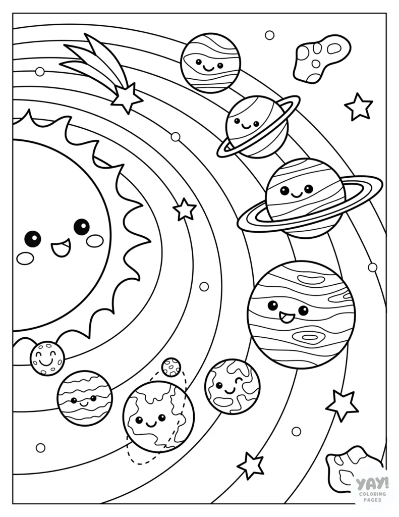 Kawaii solar system coloring page