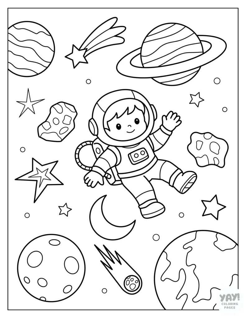 Astronaut floating among planets and space rocks coloring page