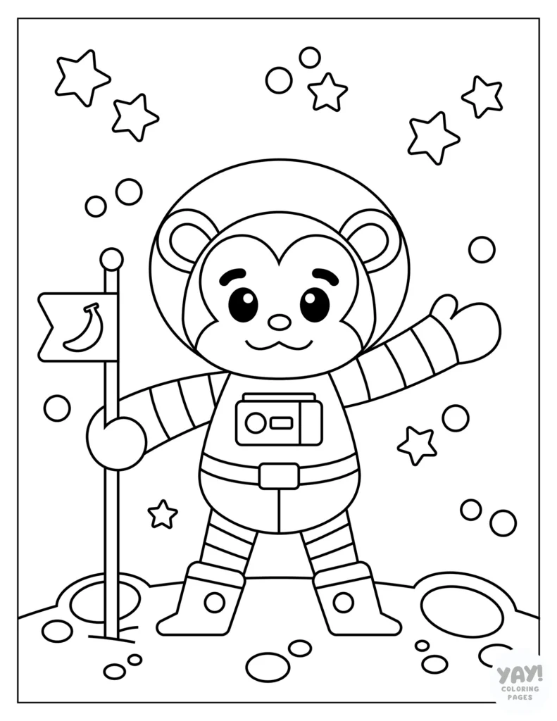 Monkey plants banana flag on the moon coloring page