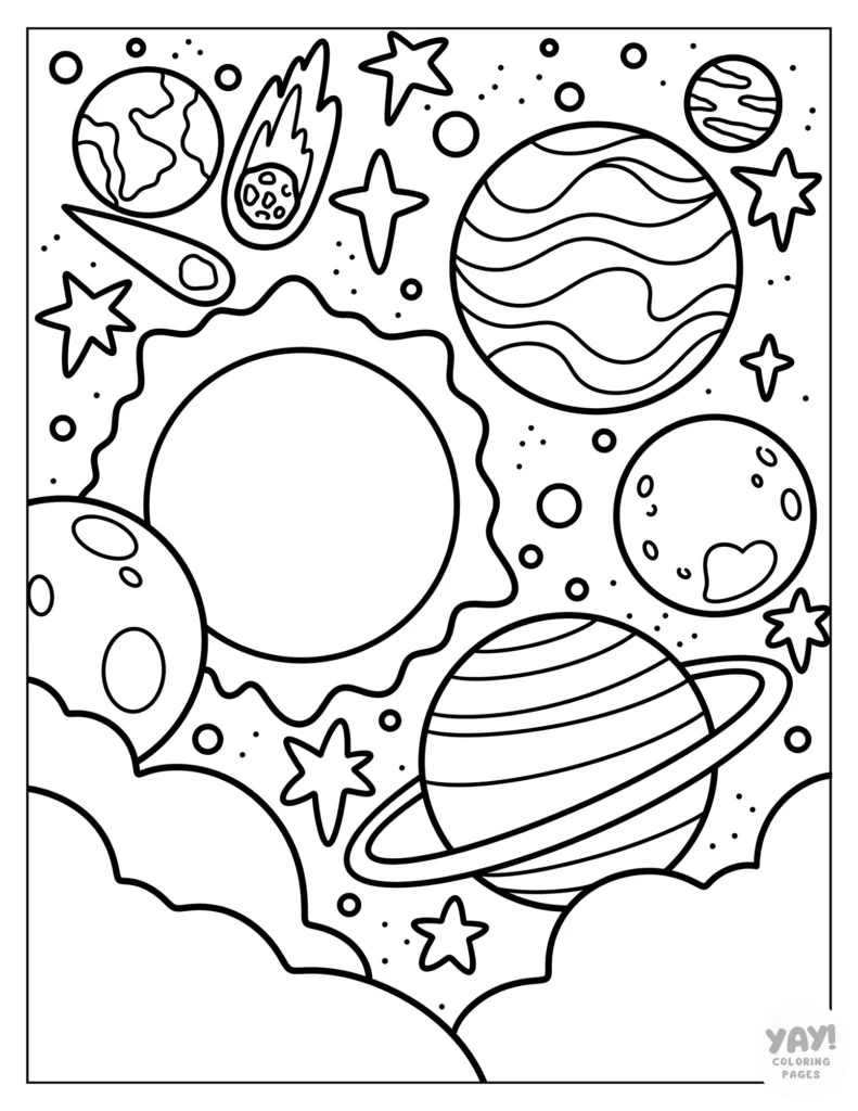 Planets among the clouds coloring page