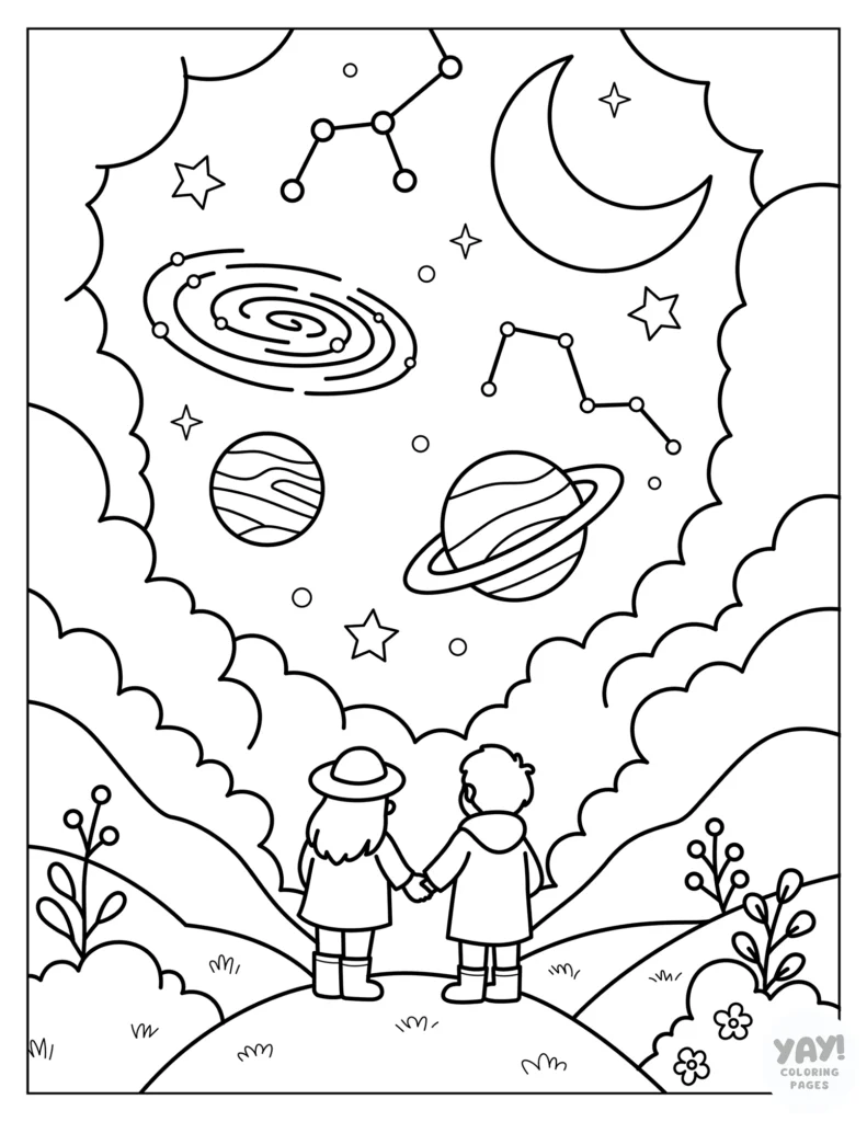 Stargazing at night coloring page
