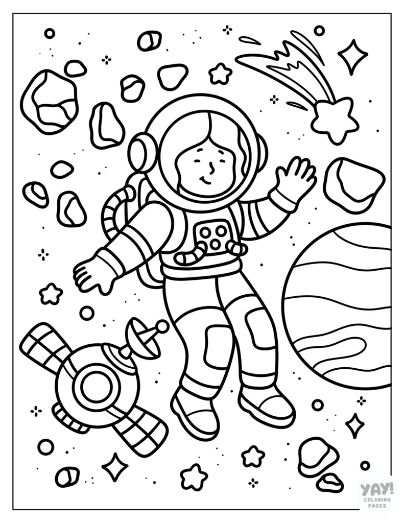 Female astronaut in space coloring page