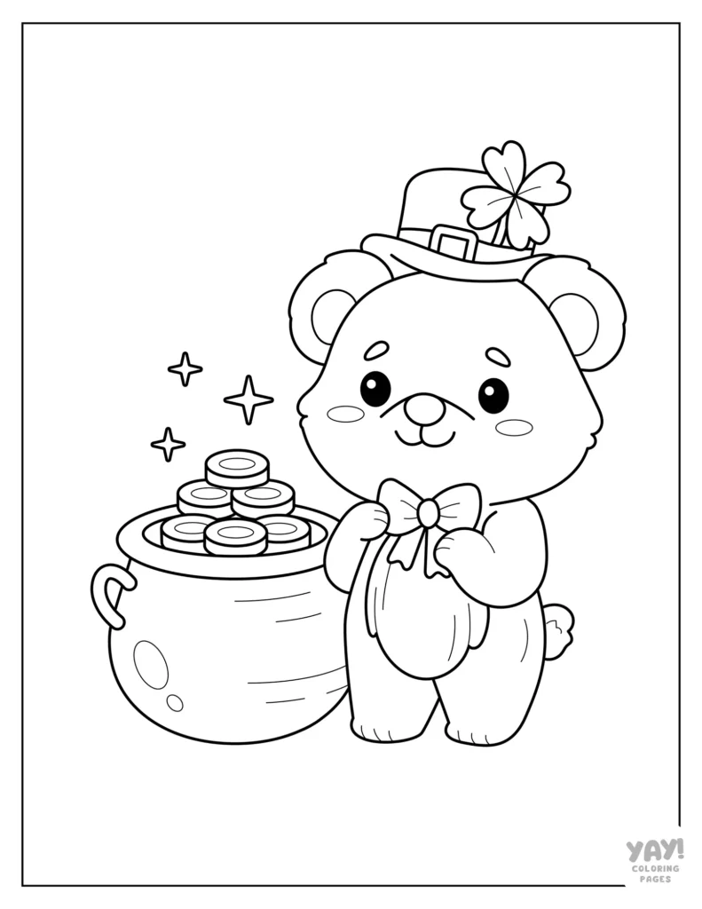 Cute bear in Irish hat next to pot of gold