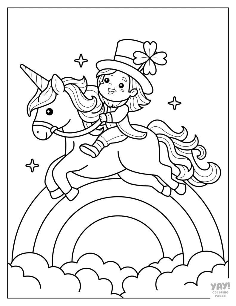 Leprechaun riding on a unicorn