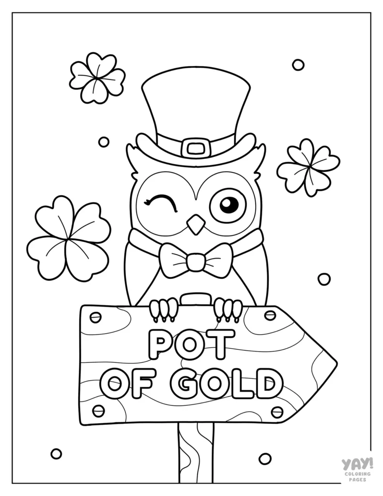 Wise owl in leprechaun hat points way to the pot of gold