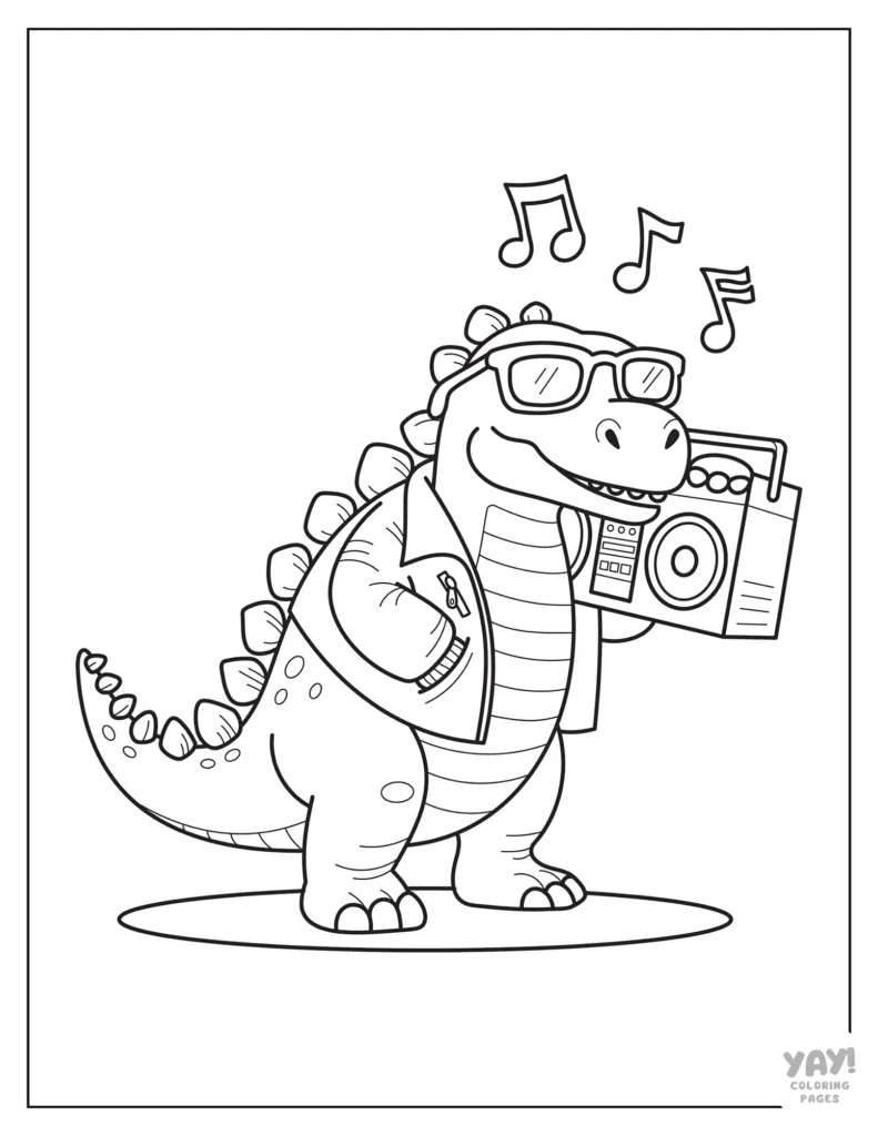 Cool stegosaurus listening to music on boombox