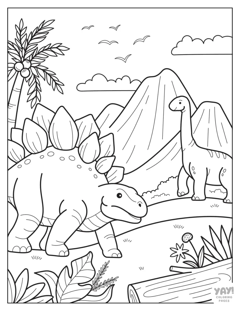 Epic stegosaurus in nature with volcanoes