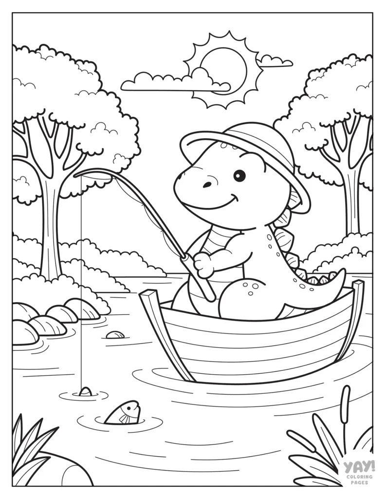 Cute stegosaurus going fishing in a lake coloring page for kids