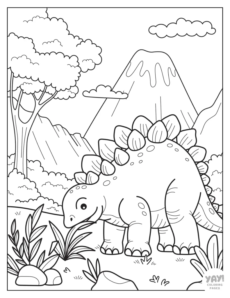 Happy stegosaurus munching on plants line drawing