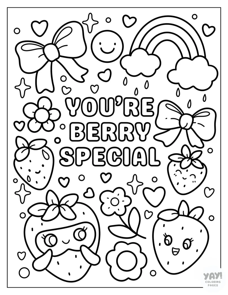 You're berry special coloring page with kawaii strawberries, rainbows, and bows