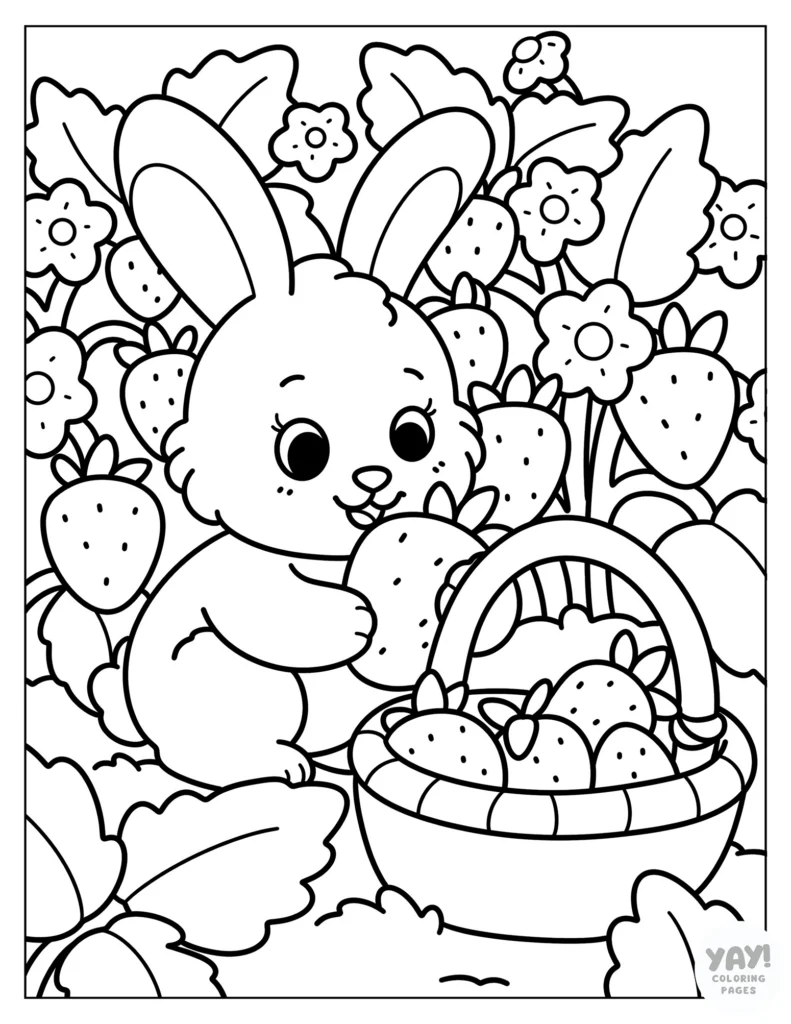 Bunny in garden picking strawberries coloring page