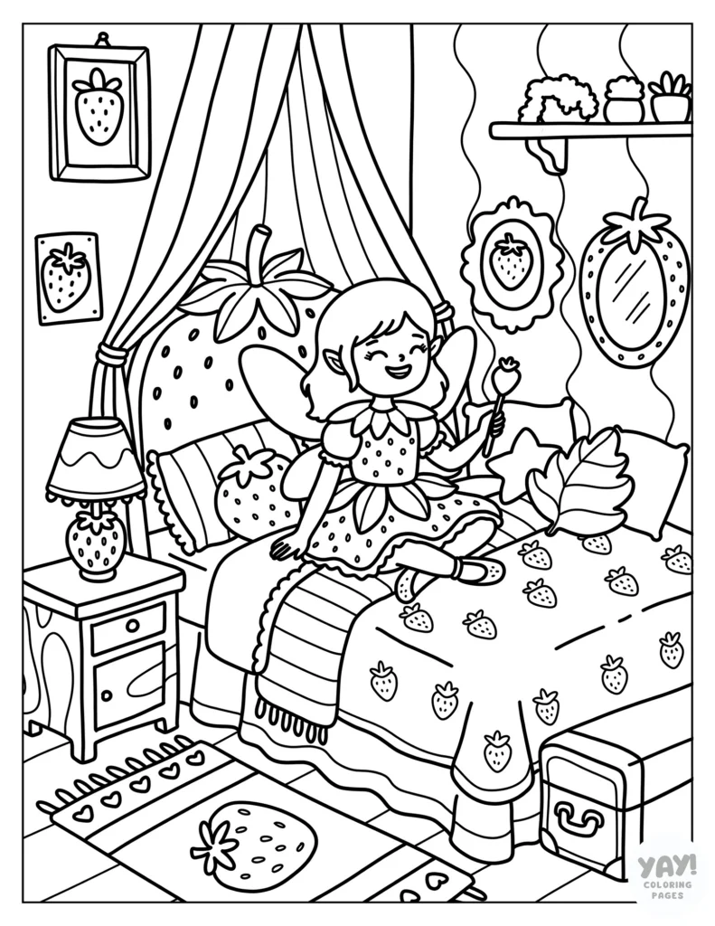 Strawberry fairy in her fruity themed bedroom coloring page