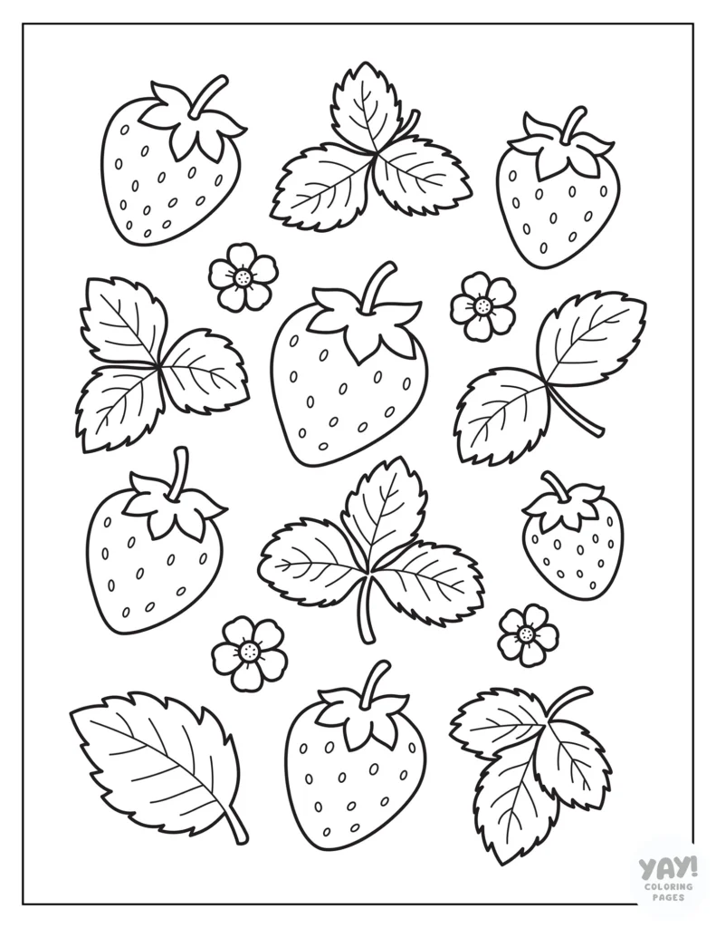 Strawberry, flowers, and leaves coloring page