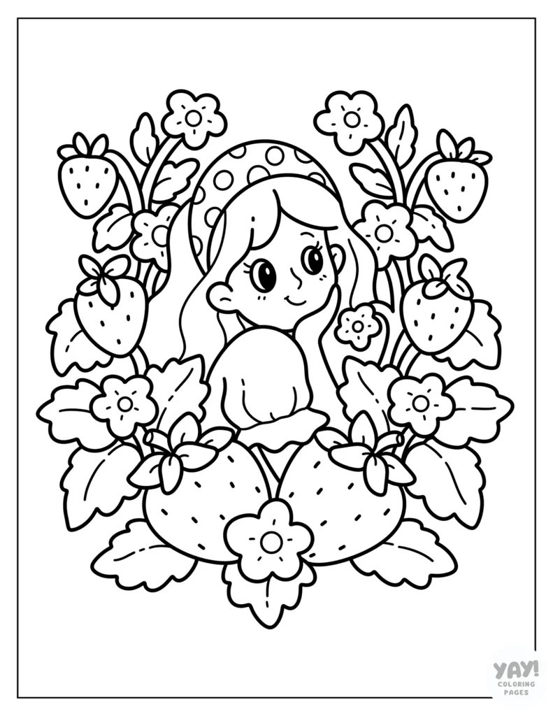 Portrait of girl framed in a strawberry wreath coloring page