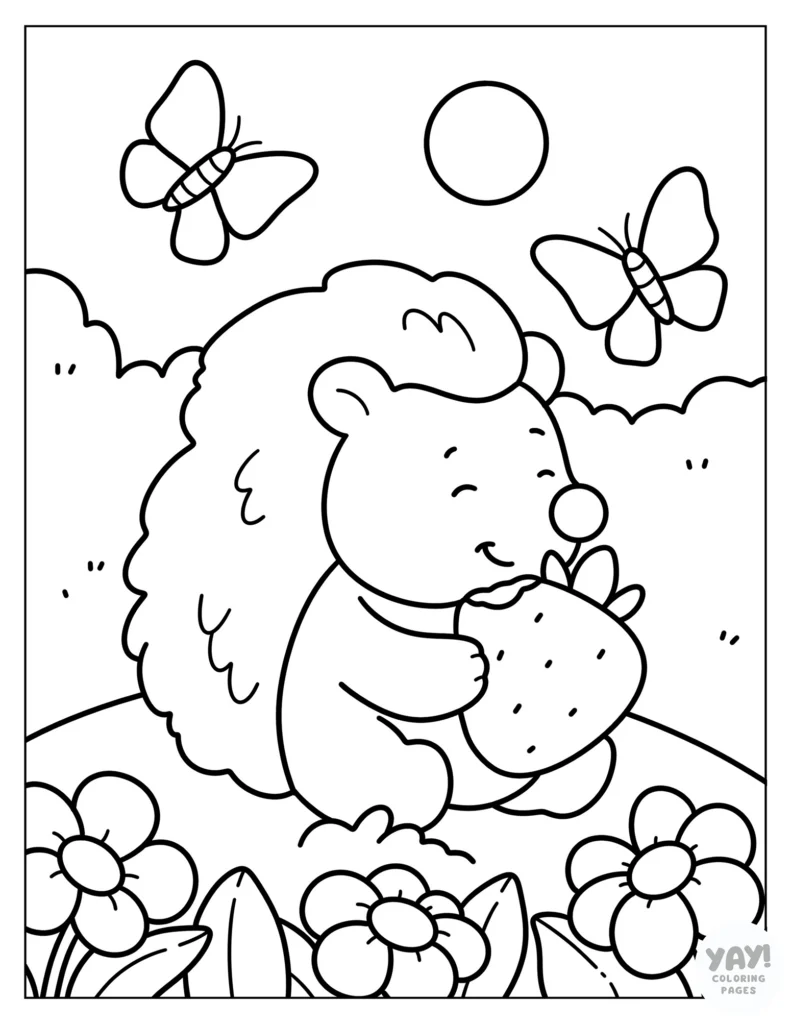 Hedgehog holding strawberry coloring page