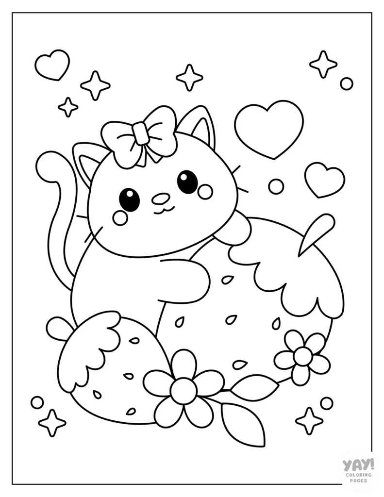 Cat on top of strawberry coloring page