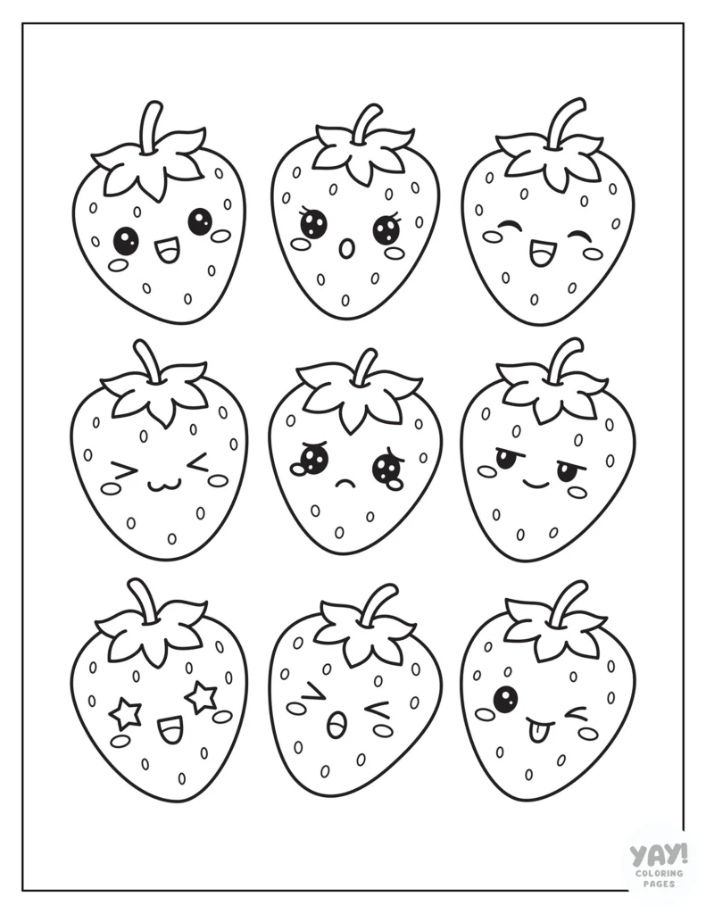 Kawaii strawberries with different facial expressions coloring page