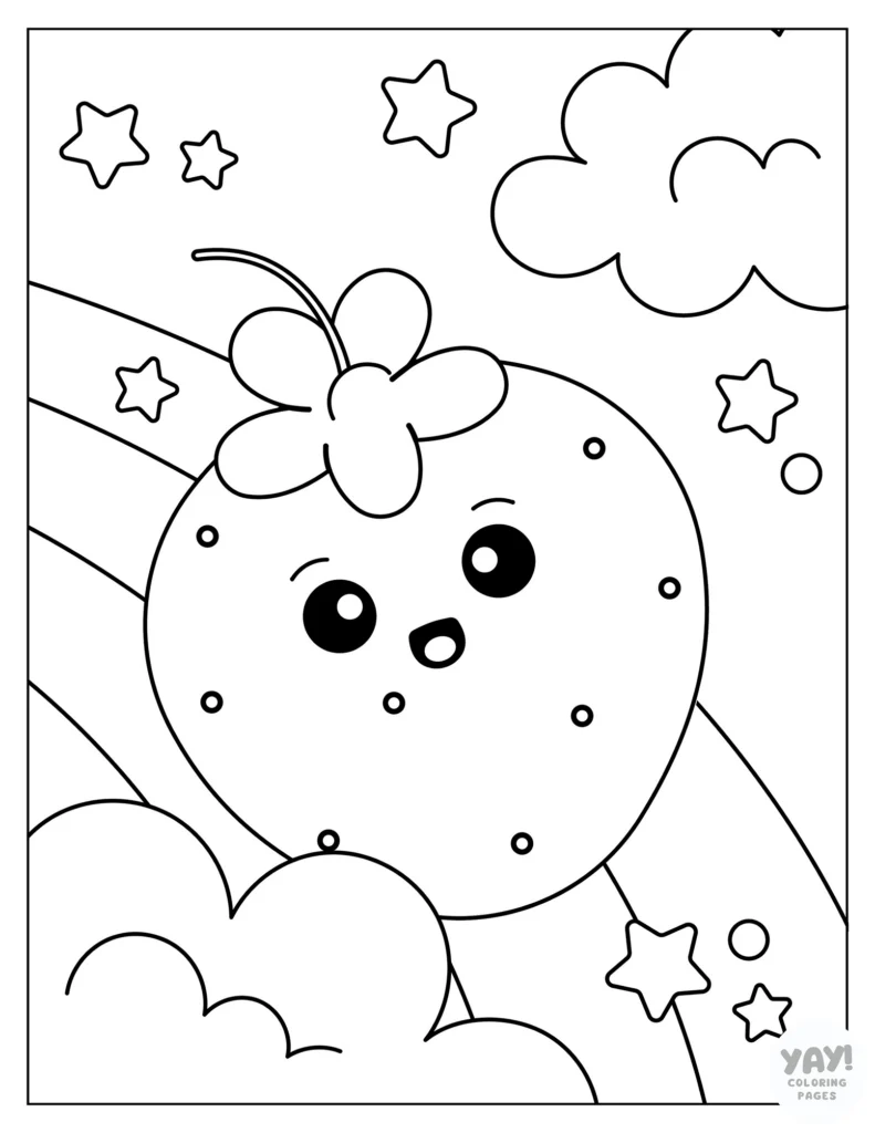 Kawaii strawberry sliding down rainbow coloring page