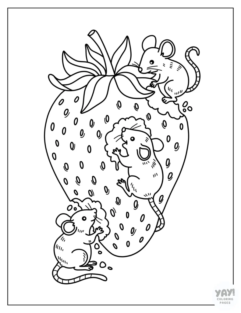 Mice nibbling on strawberry coloring page