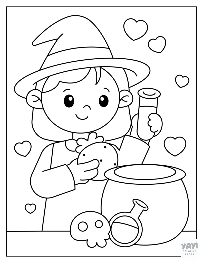 A witch brews a fruity potion coloring page