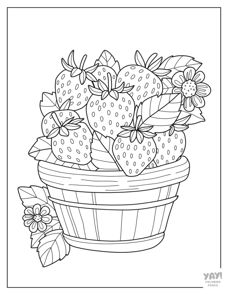 Basket of strawberries with flowers coloring page