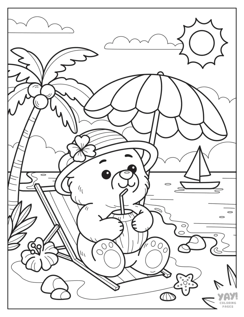 Cute bear at the beach drinking coconut coloring sheet