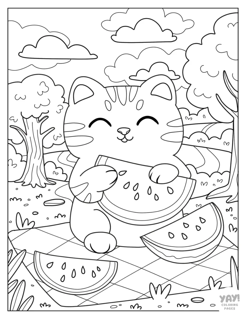 Cat eating watermelon at a picnic to color