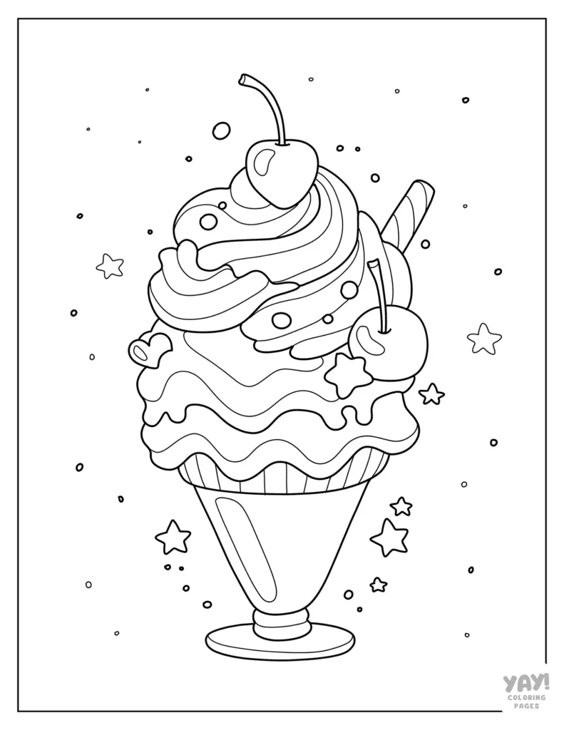 Hand drawn ice cream sundae with cherries summer foods coloring page