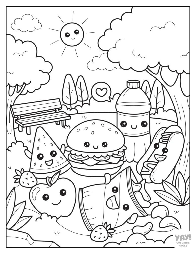 Kawaii picnic scene to color