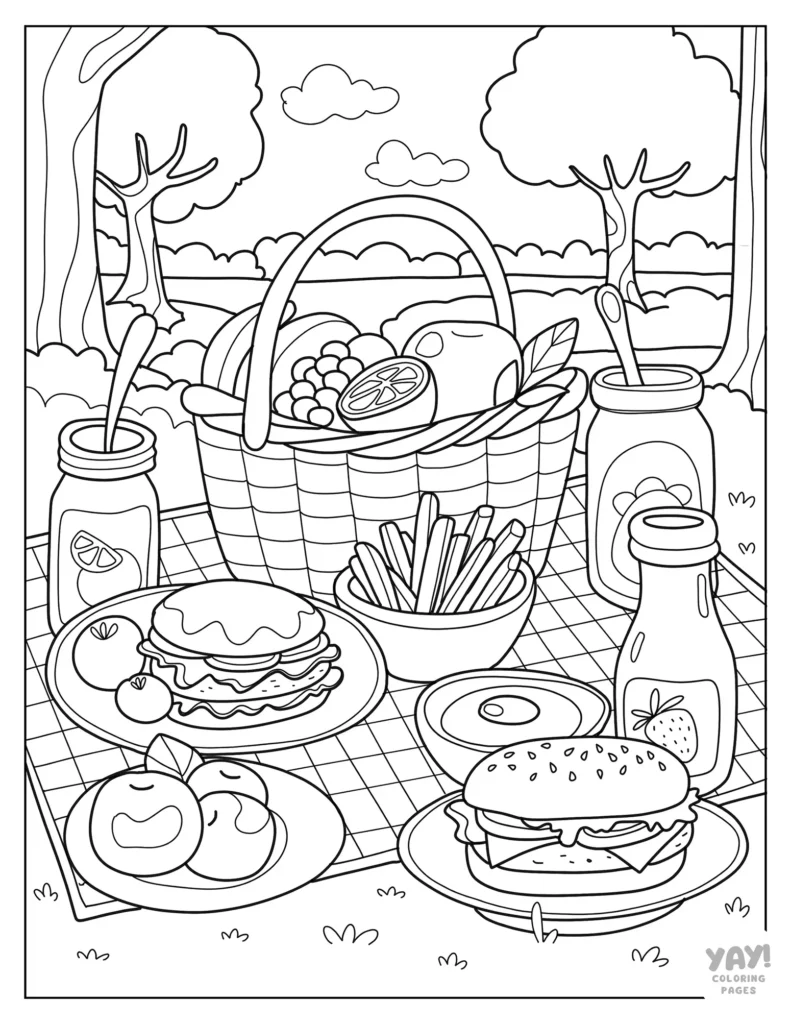 Summer foods picnic scene coloring page