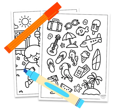 Summer coloring page layout with markers overlaying the sheets.