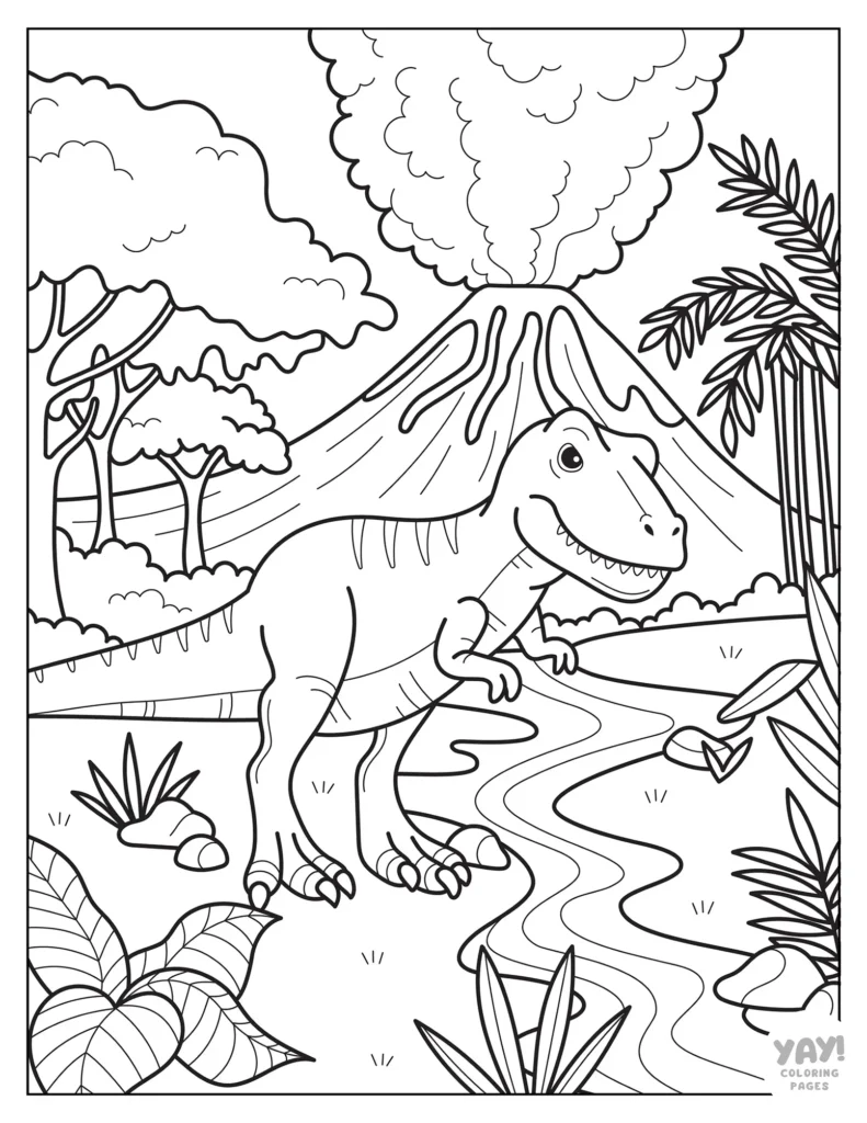 Tyrannosaurus rex in the jungle with smoking volcano to color