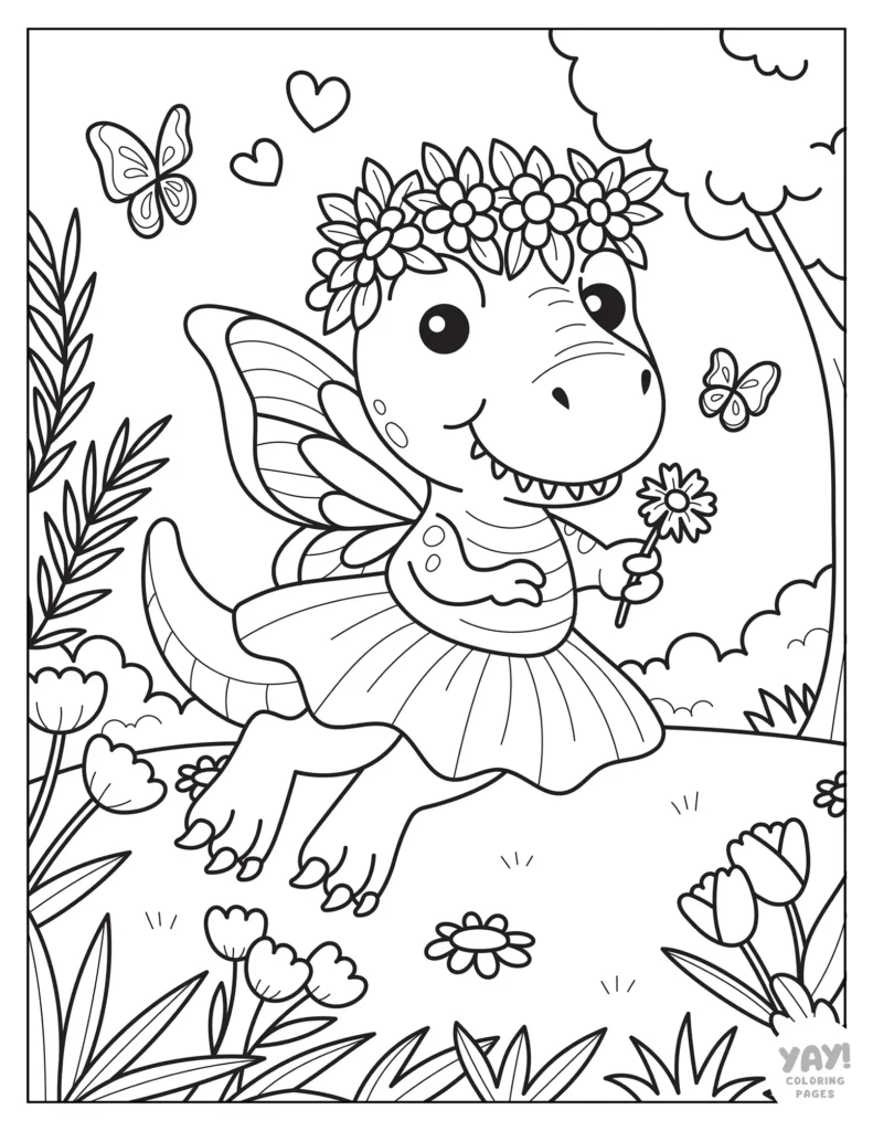 Cute fairy T-Rex coloring sheet for kids