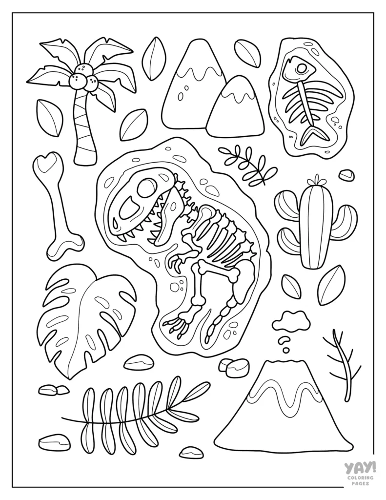 T-Rex skeleton and fossils coloring page