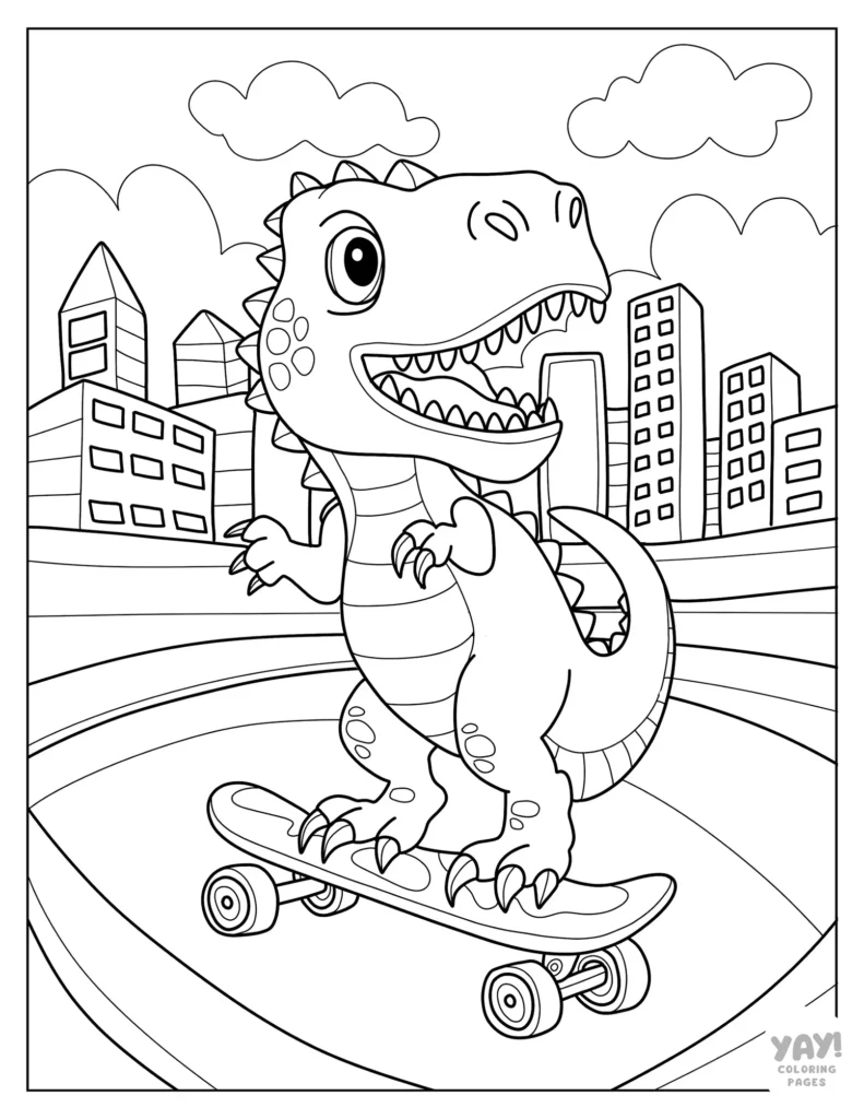 Cool T-Rex on skateboard line drawing to color