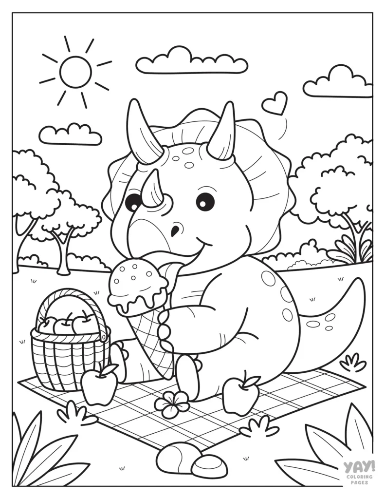 Triceratops has ice cream at a picnic