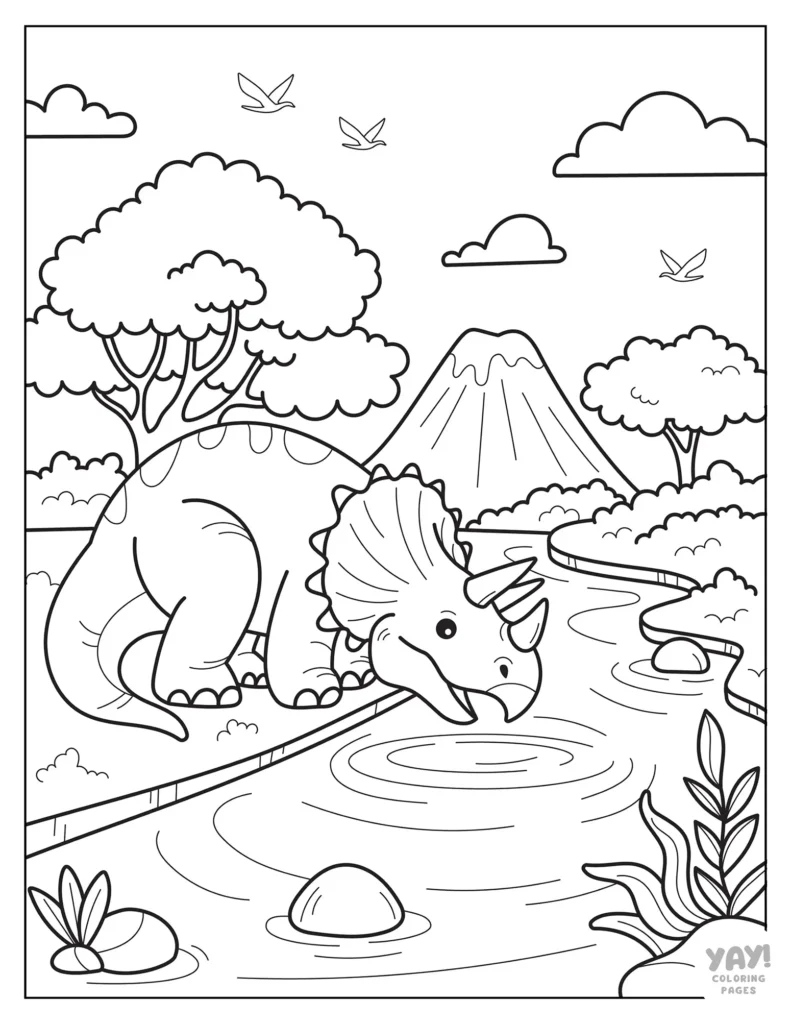 Triceratops drinks water from stream