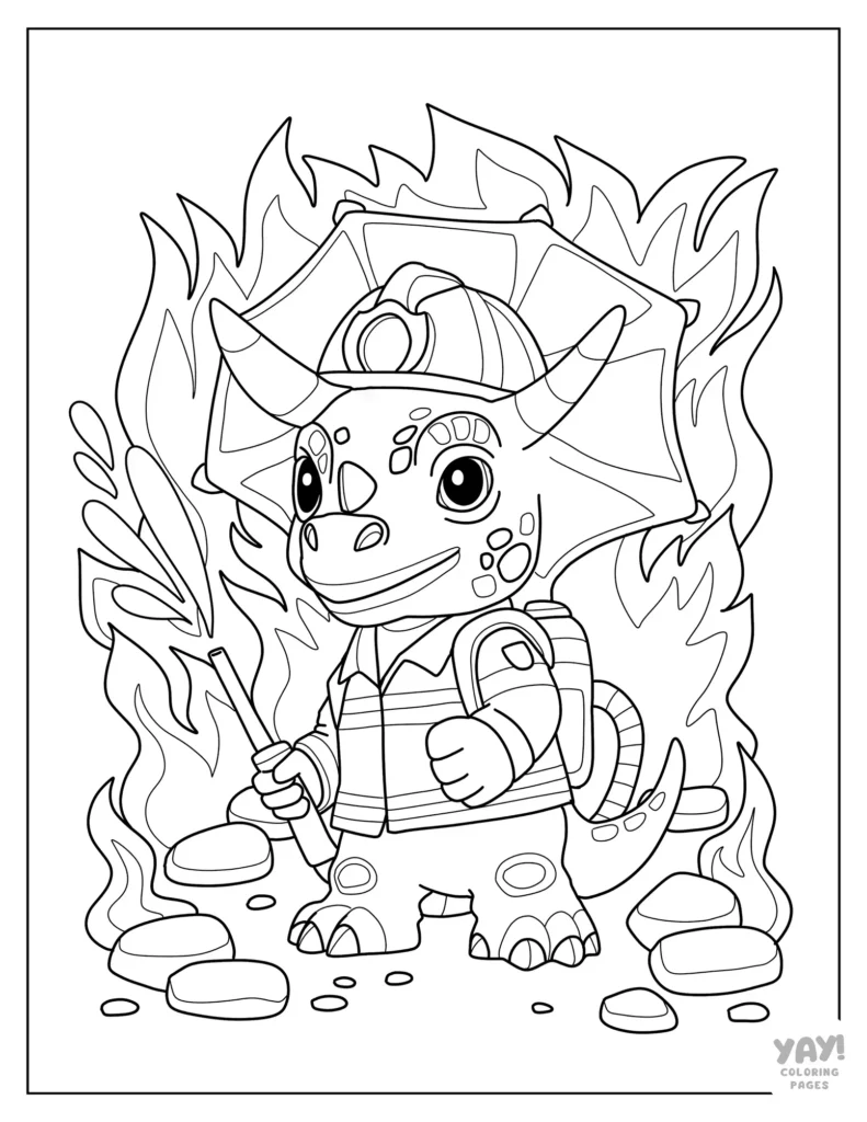 Firefighter Triceratops line drawing for kids to color