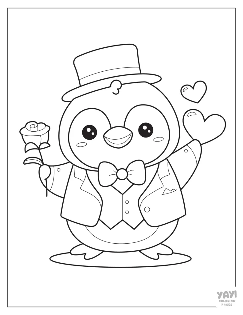 Cute penuguin in top hat holding heart and rose