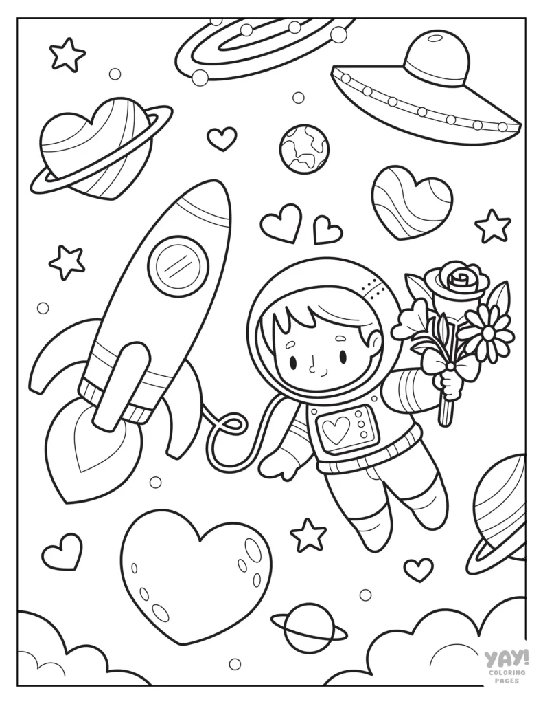 Astronaut offering flowers for Valentine's Day