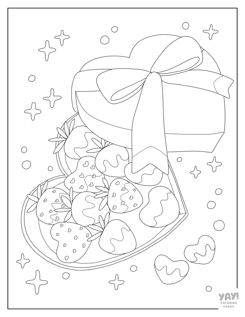 Box of chocolate covered strawberries line art to color