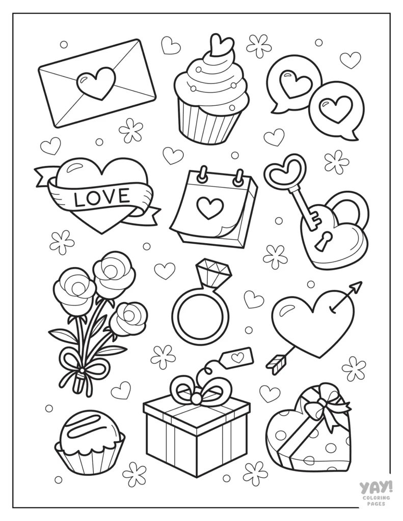 Valentine's Day doodle page with roses, diamond ring, love letters, chocolate, and cupcake