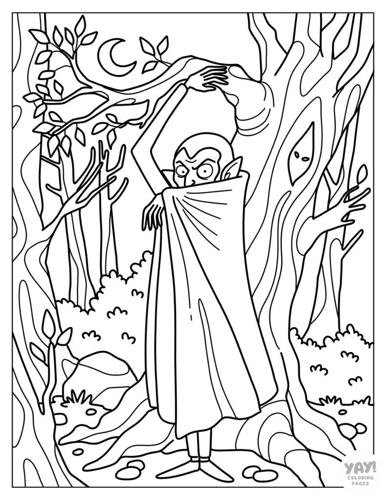 Creepy vampire in the woods coloring page